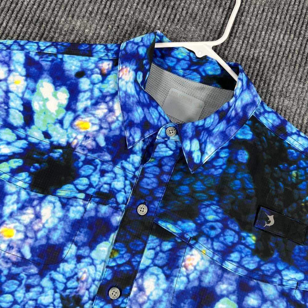 Reel Legends Mariner II Shirt Mens Large Blue Performance Short Sleeve Button Up